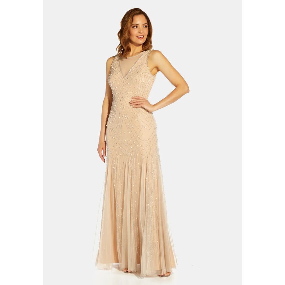 ADRIANNA PAPELL Beaded Halter Godet‎ Gown Silver Nude Beaded Size 6 NWT